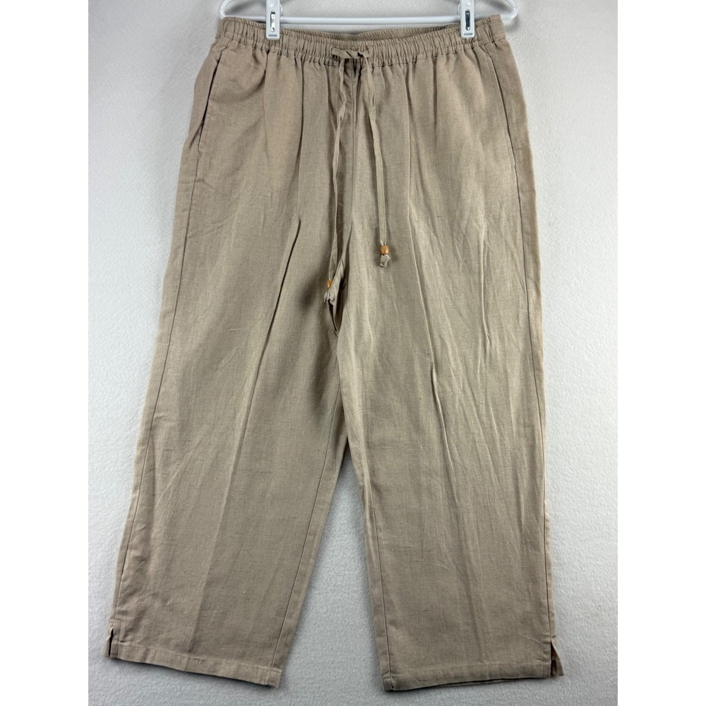 Sag Harbor Linen Blend Pants‎ Womens Medium Tan Beige Wide Leg Crop Drawstring